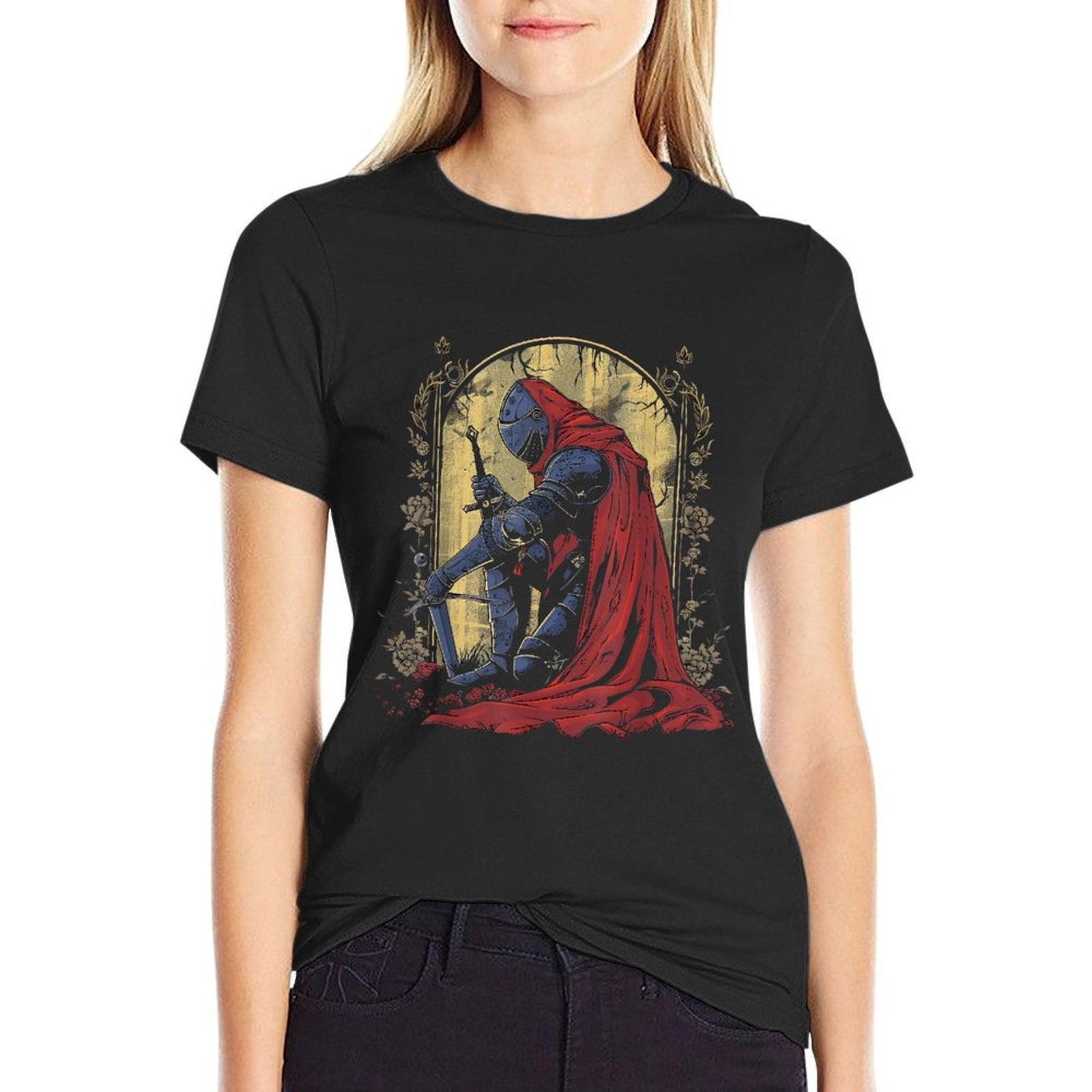 Kneeling Paladin Design  Noble Warrior Fantasy Art  Moisture-wicking T-Shirt