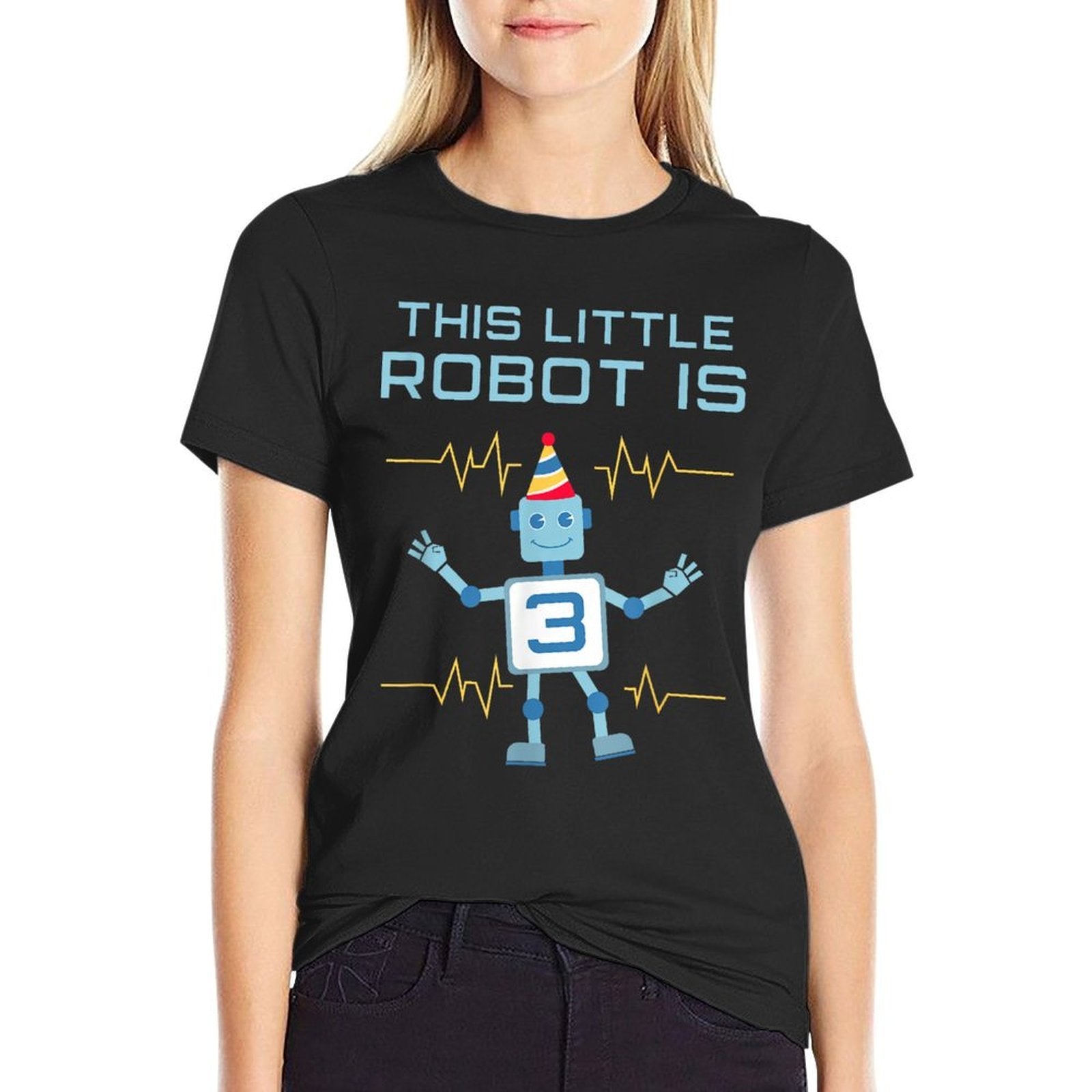 Funny 3rd Birthday Gift Cute Robot 3 Years Old Boys Toddlers  Ribbed Collar T-Shirt