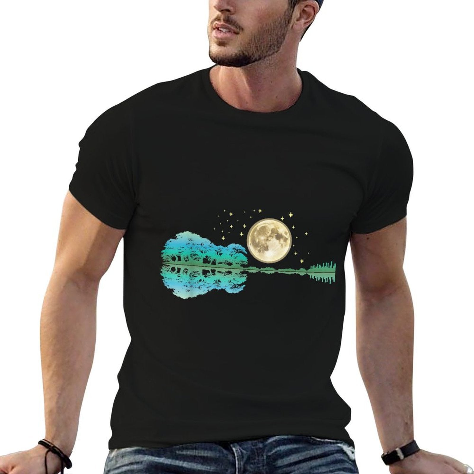 Acoustic Guitar Tree And Moon By The Lake Guitarist  Wrinkle-resistant T-Shirt