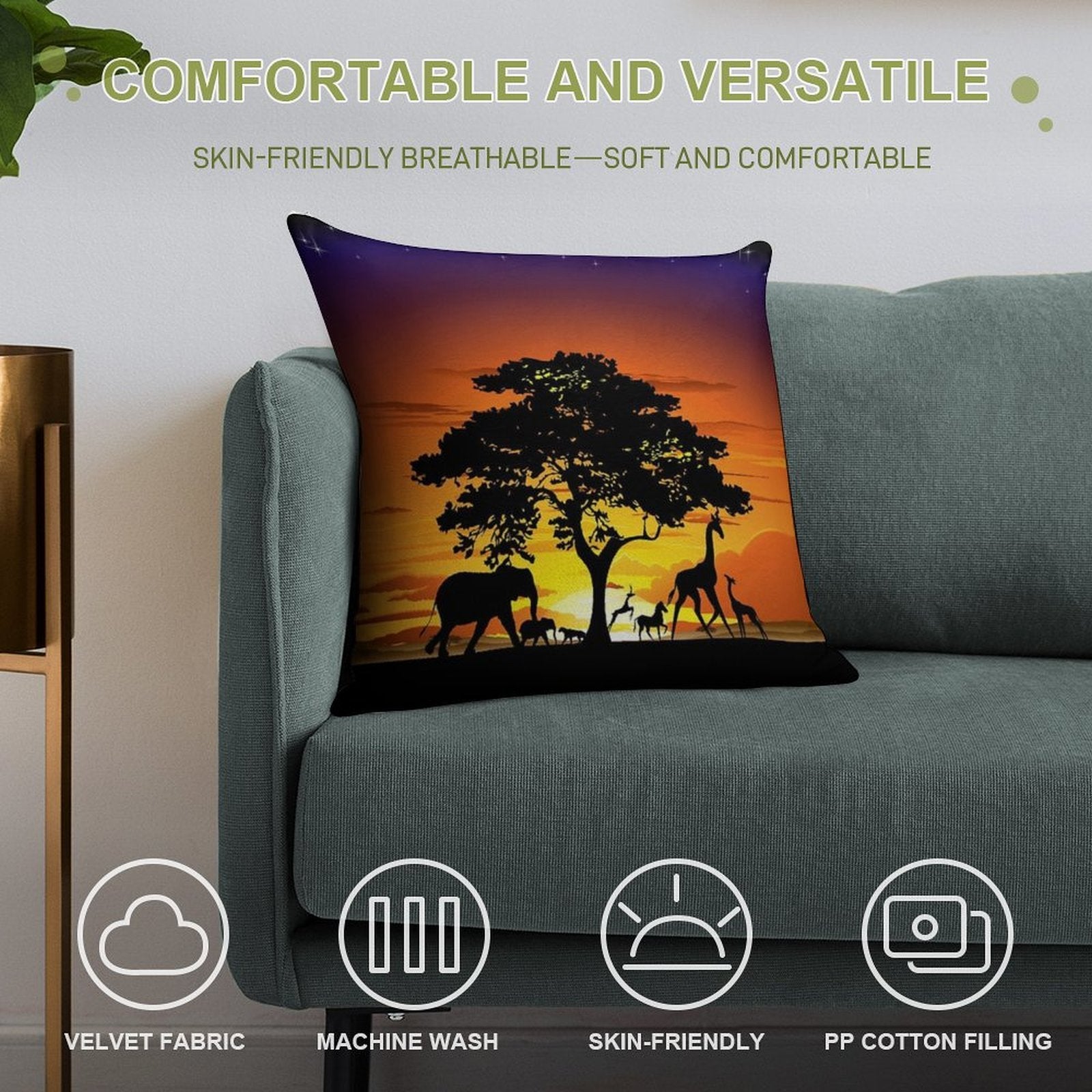 Wild Animals on African Savanna Sunset Soft High-Density Material Throw Pillow