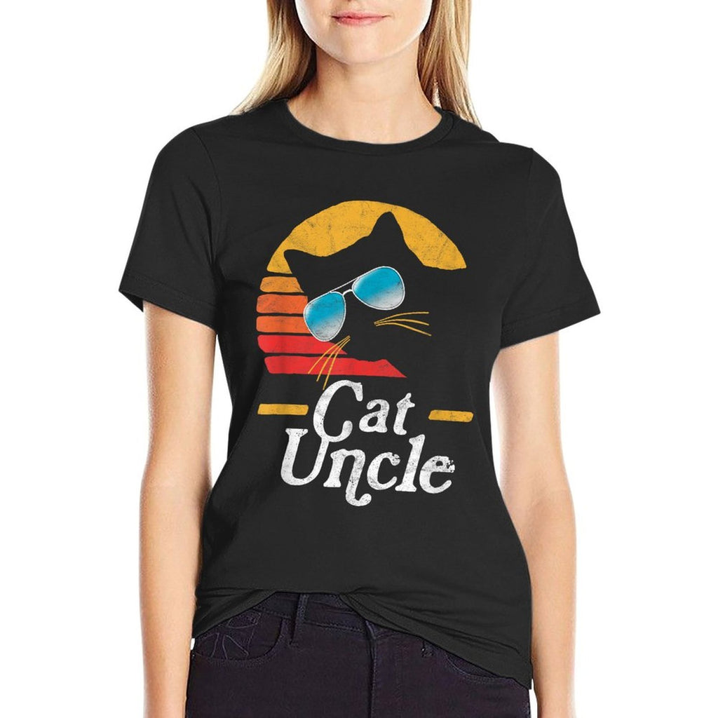 Cat Uncle Vintage 80s Style Cat Retro Sunglasses Distressed  Rolled Sleeves T-Shirt