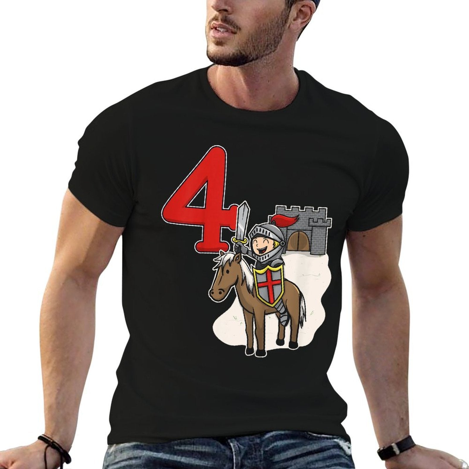 Kids Knight 4th Birthday - Castle And Number 4  Trendy Pattern T-Shirt