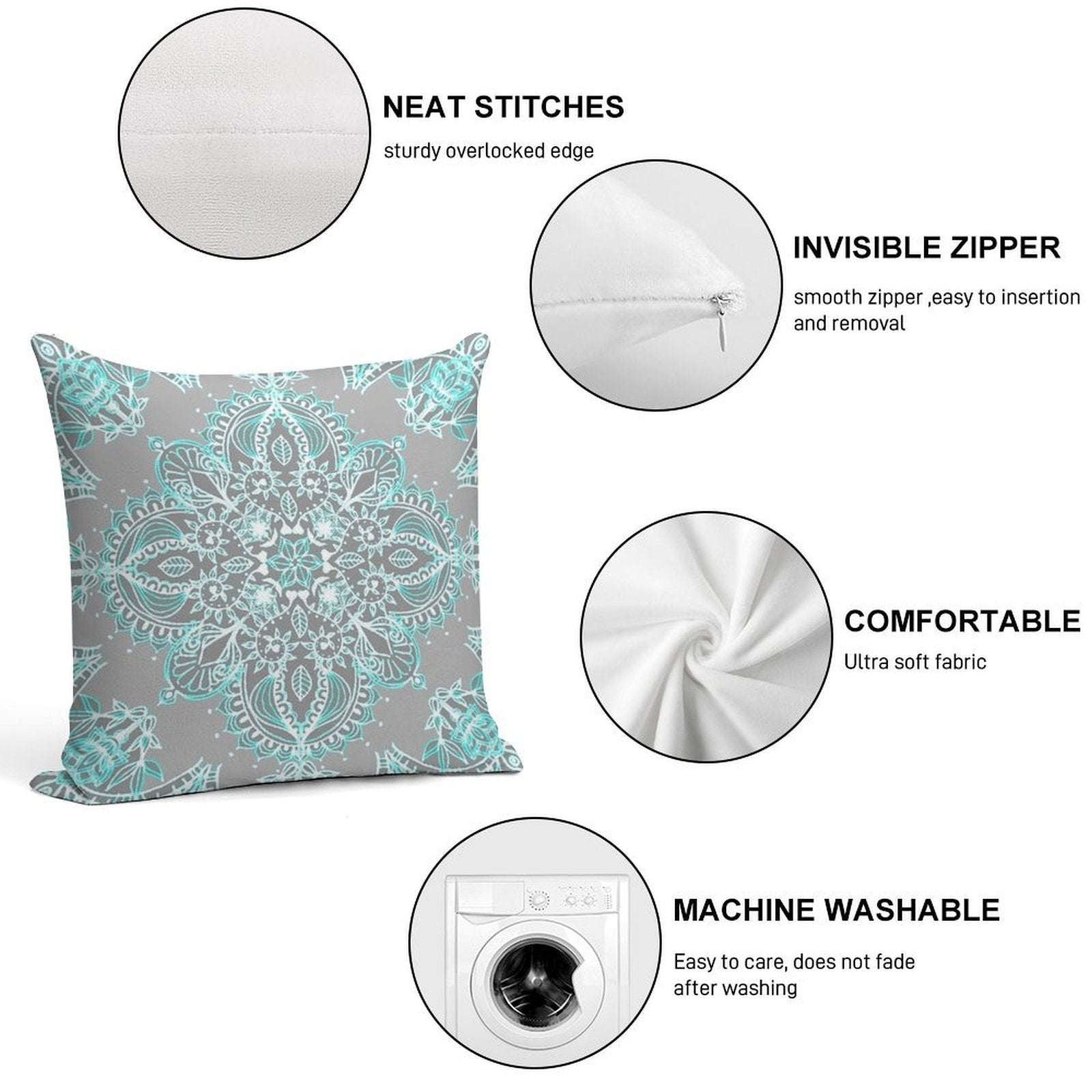 Teal And Aqua Lace Mandala on Grey Soft Skin-Friendly Throw Pillow