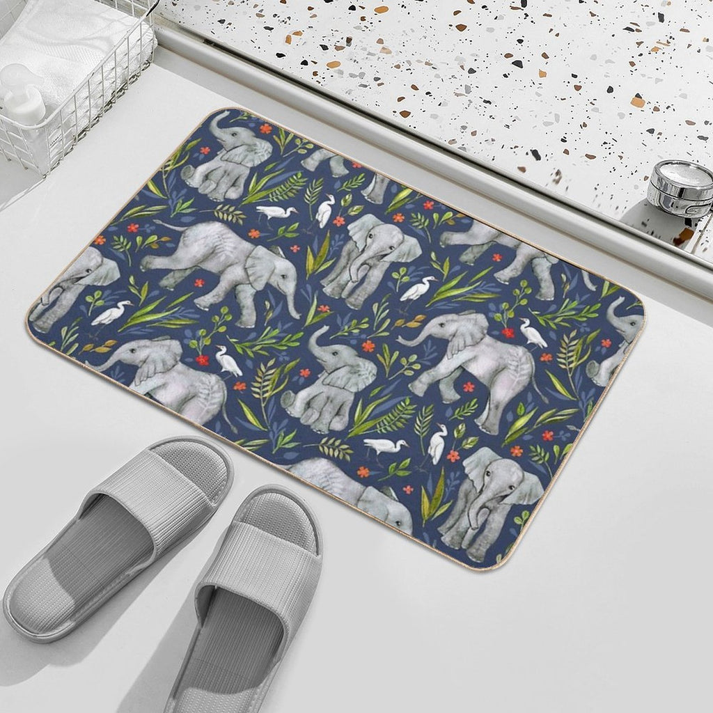 Baby Elephants And Egrets in Watercolor - Navy Blue  Anti-Trip Bath Mat