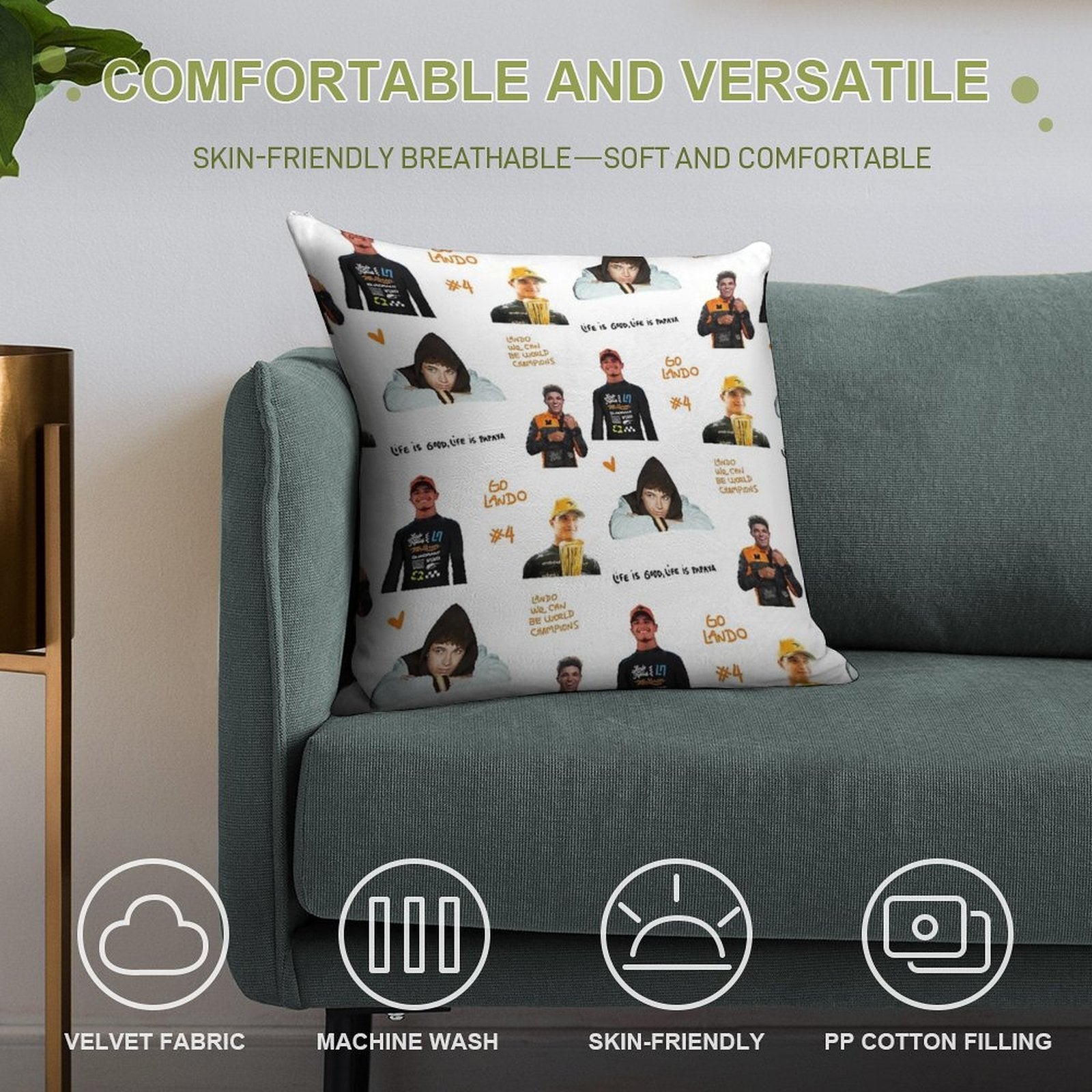 Lando Norris Illustrated Stickers Soft Hidden Zipper Throw Pillow