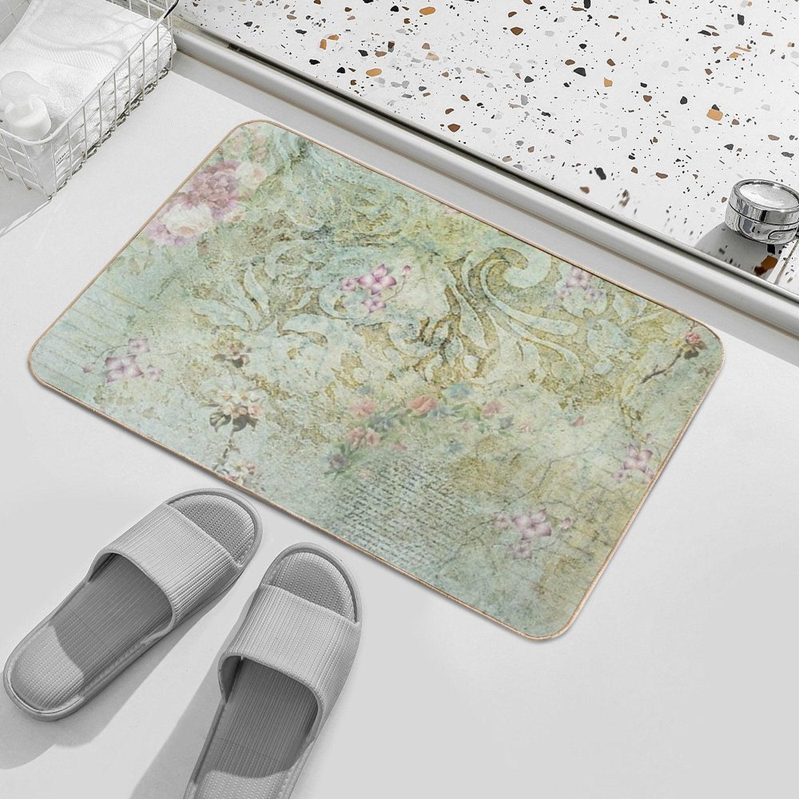 Vintage French Floral Wallpaper  Slip-Resistant Bath Mat