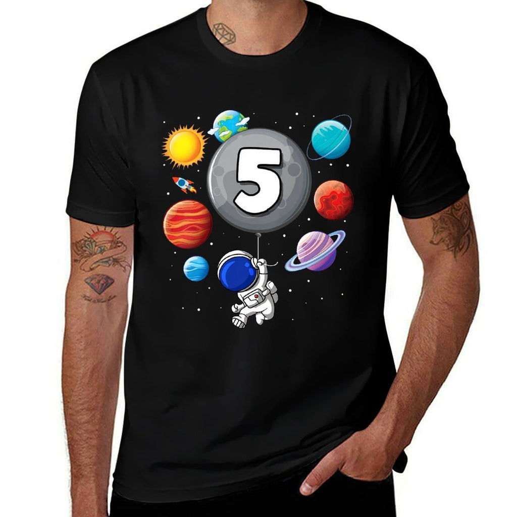 Kids 5th Birthday Astronaut Balloon Planet 5 Year Old Boy  Slim-fit Cut T-Shirt