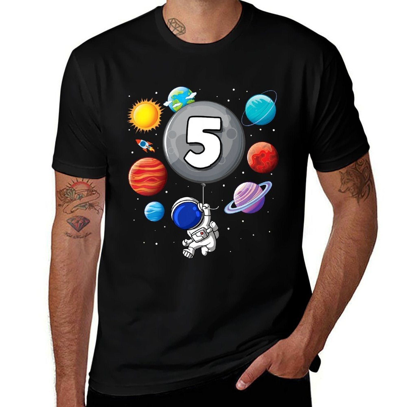 Kids 5th Birthday Astronaut Balloon Planet 5 Year Old Boy  Slim-fit Cut T-Shirt