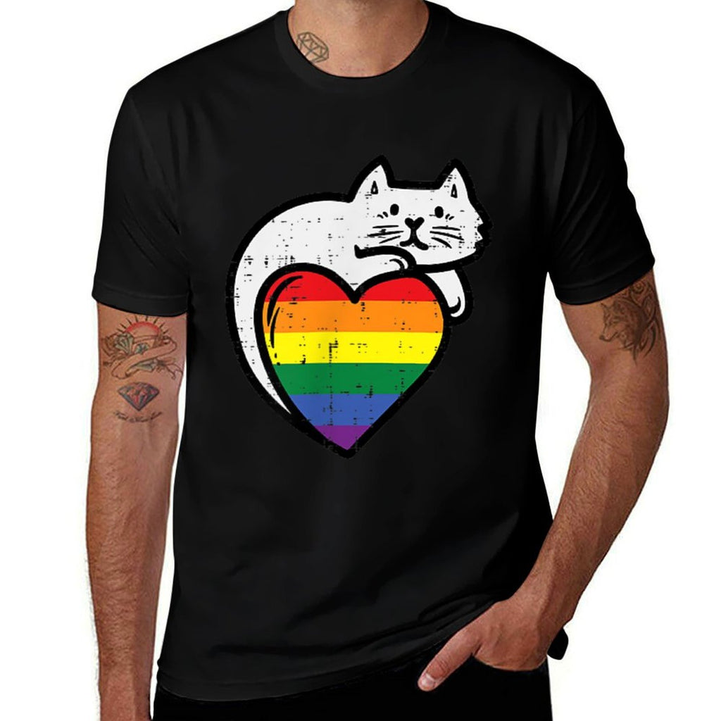 Rainbow Cat Heart Gay Pride Ally LGBTQ Month Women Men  Trendy Pattern T-Shirt