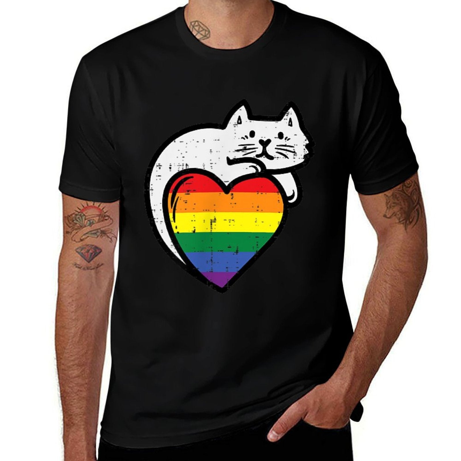 Rainbow Cat Heart Gay Pride Ally LGBTQ Month Women Men  Trendy Pattern T-Shirt