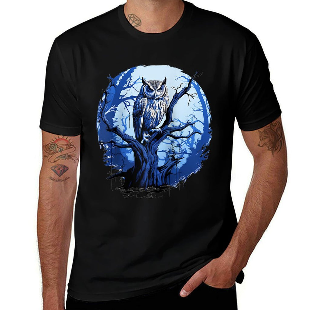 Twilight Blue Impressionist Owl on Skeletal Tree Raglan Baseball  Eco-friendly Material T-Shirt
