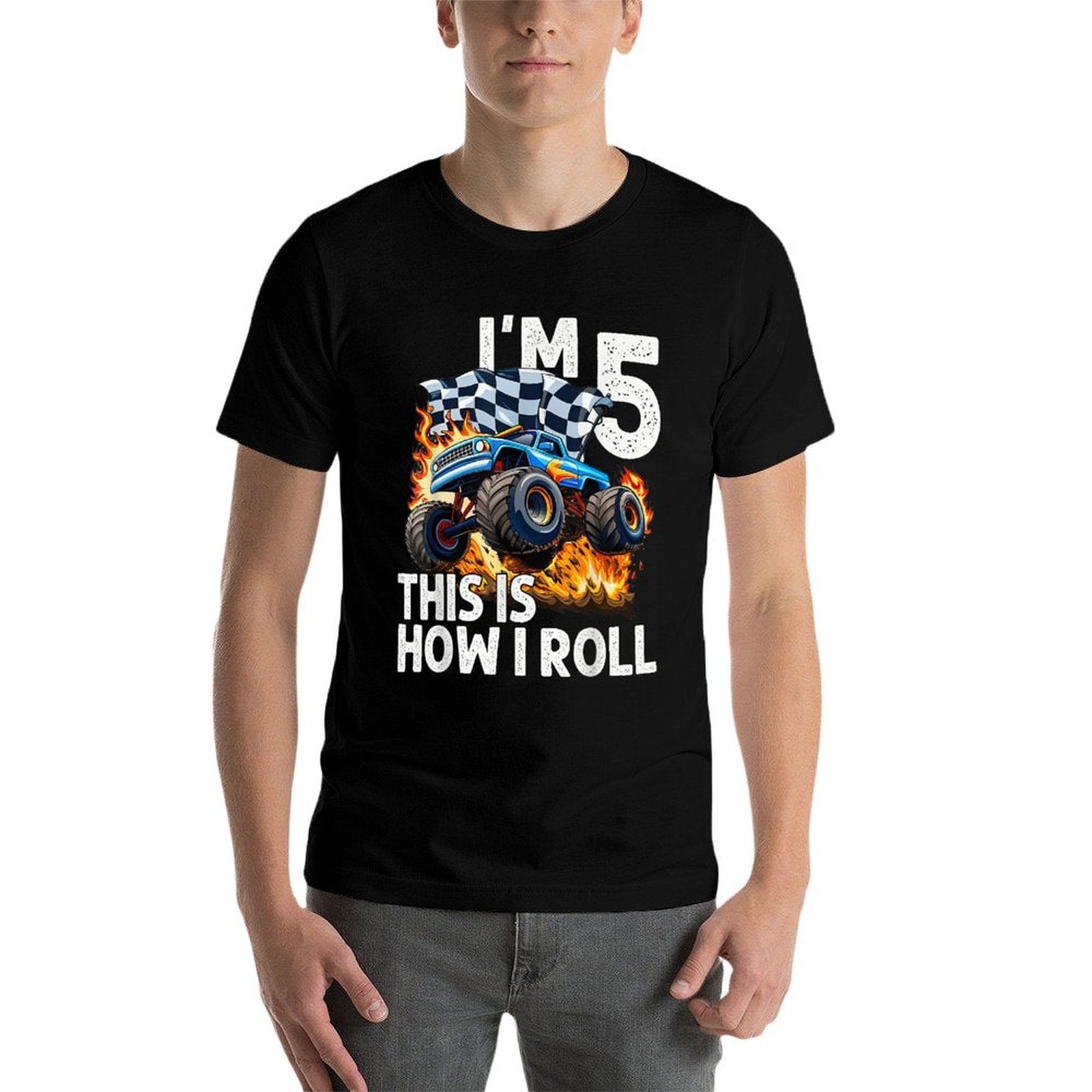 5th Birthday Boys I'm 5 This Is How I Roll Monster Truck Car  Wrinkle-resistant T-Shirt