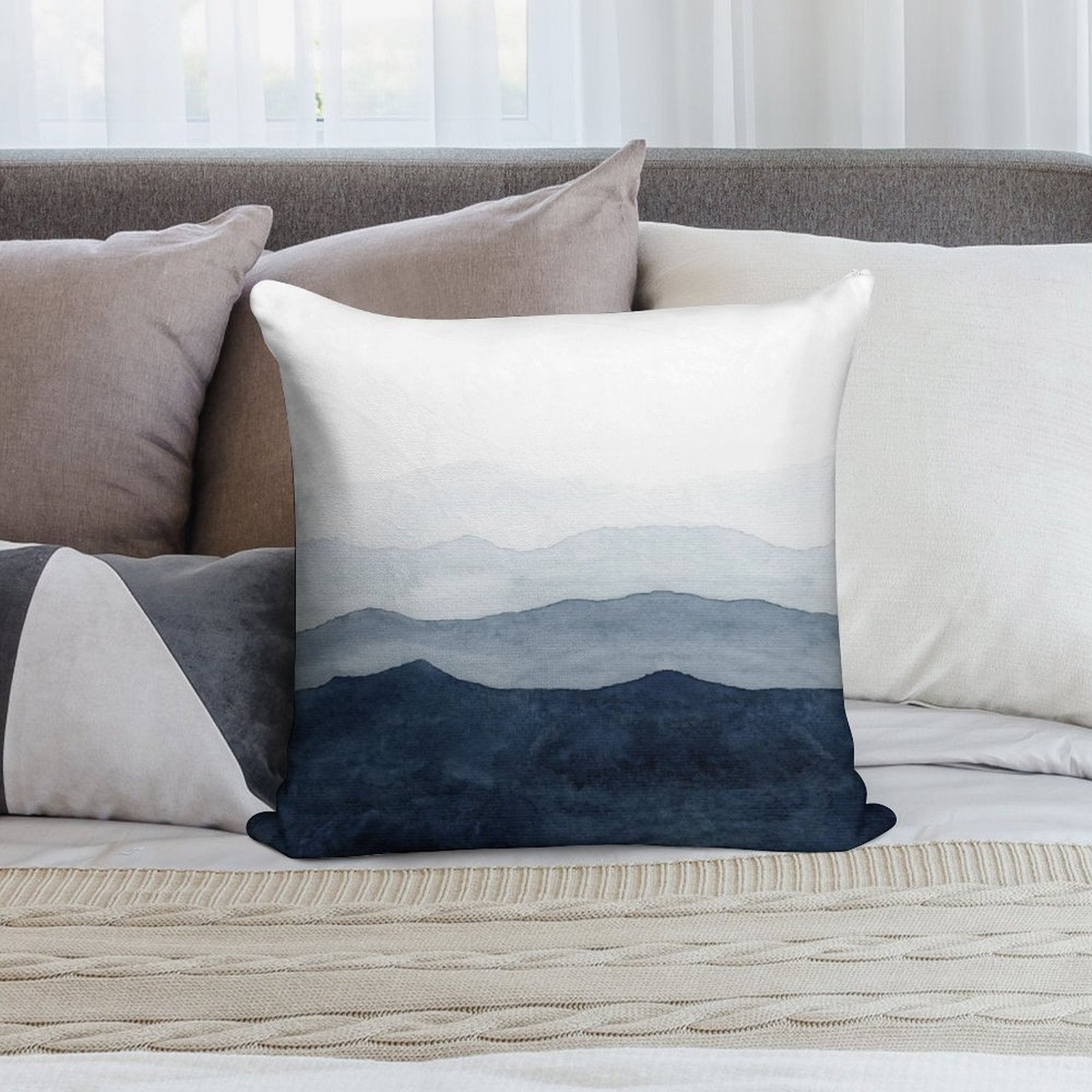 Mountains Ombre  Indigo Abstract Watercolor Soft Bedroom Essential Throw Pillow