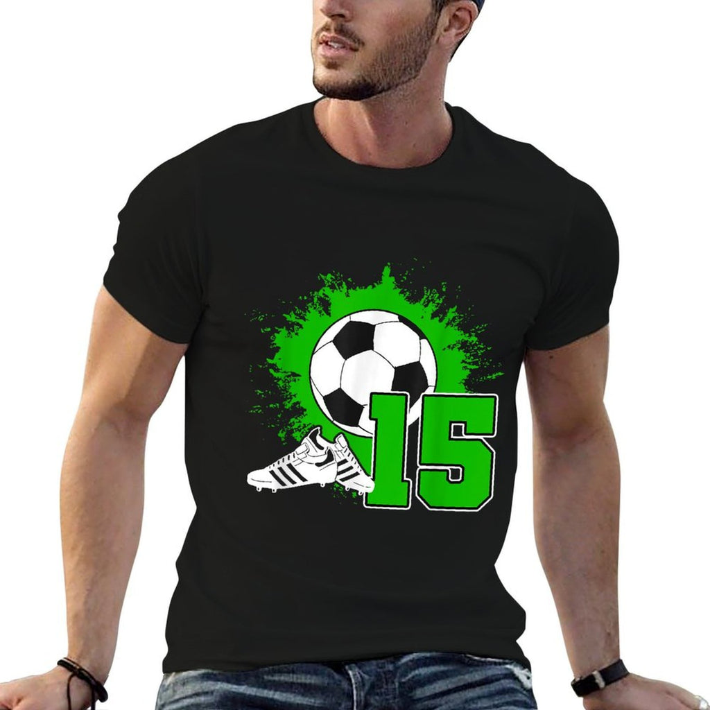 Kids Soccer Birthday Party 15 Year Old Boy 15th Birthday  Ribbed Collar T-Shirt