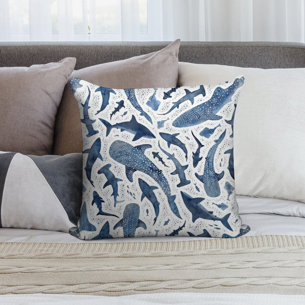 Monochrome Blue Watercolour Shark Ocean on White Soft Skin-Friendly Throw Pillow