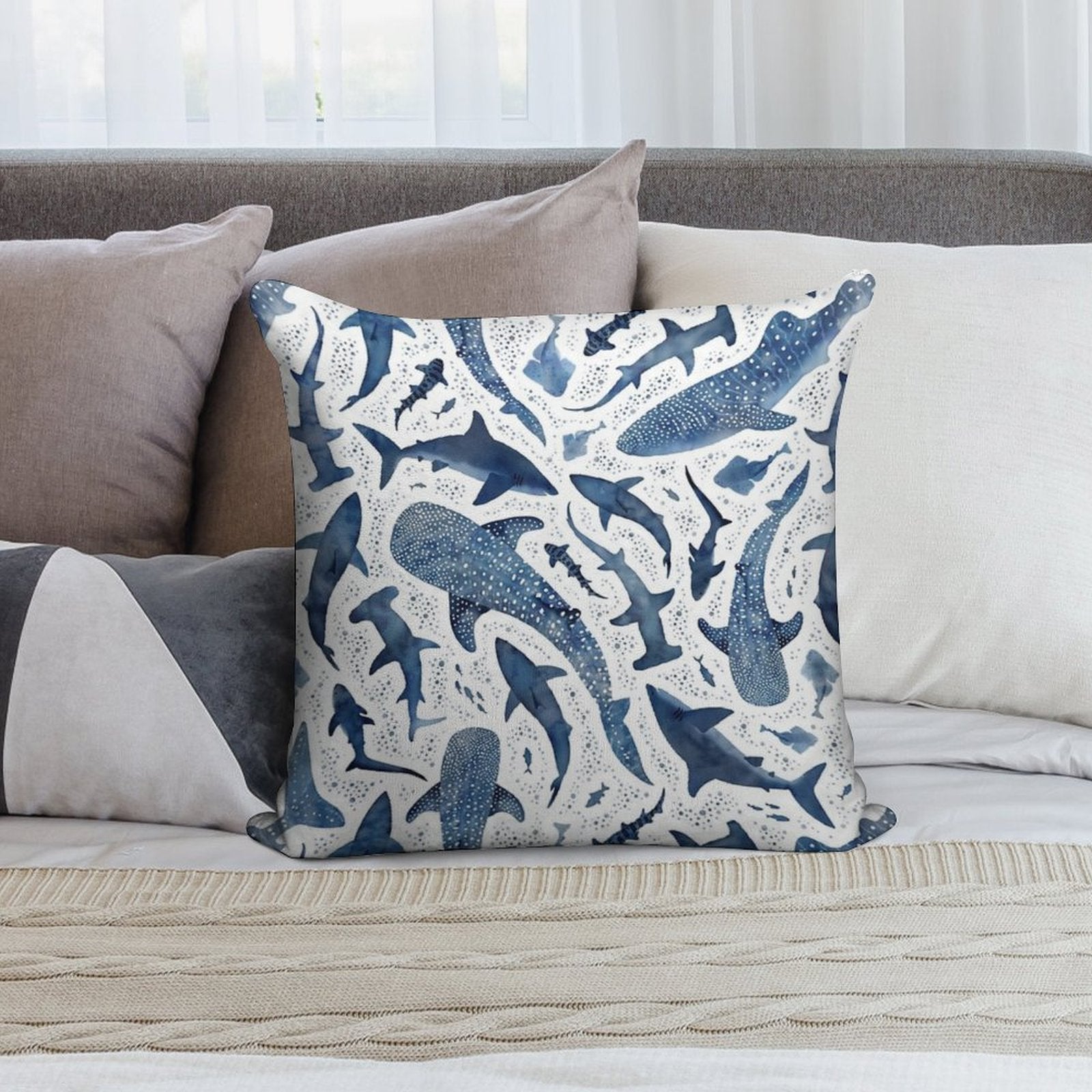 Monochrome Blue Watercolour Shark Ocean on White Soft Skin-Friendly Throw Pillow