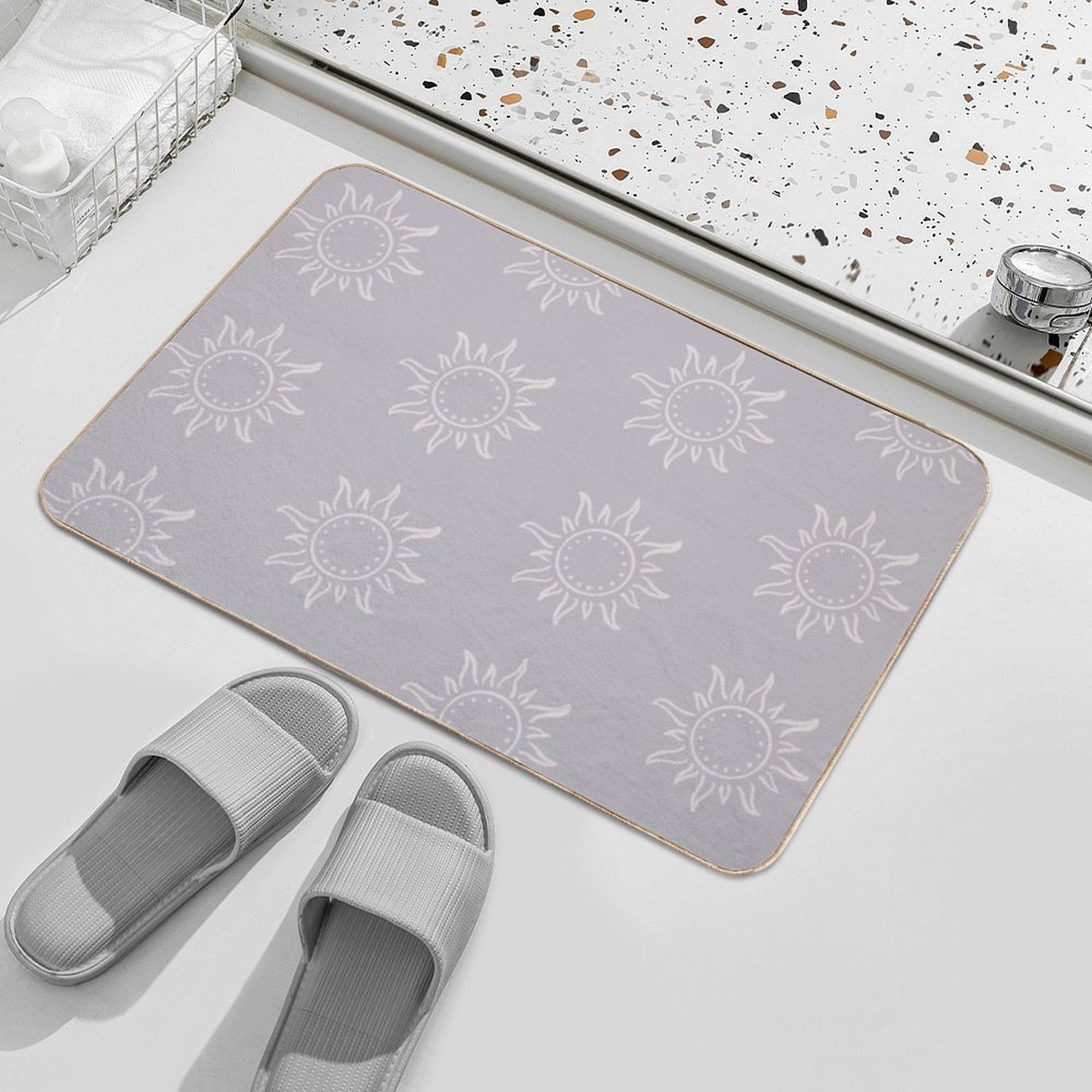 Cute Boho Sun Pattern Bohemian Aesthetic In Muted Colors Blue Gray Durable Bath Mat