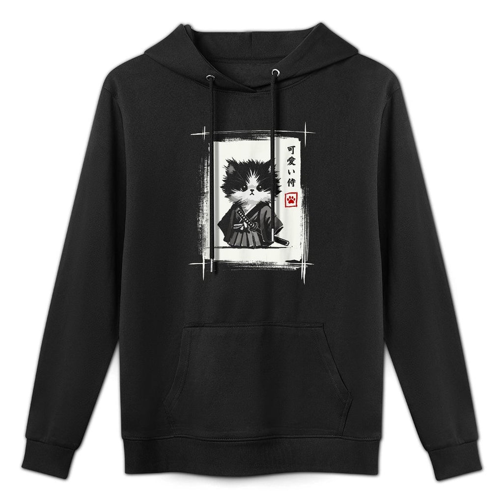 Samurai Cat Japanese Art Sumi-e Novelty Kawaii Funny Cat Layering Staple Hoodie