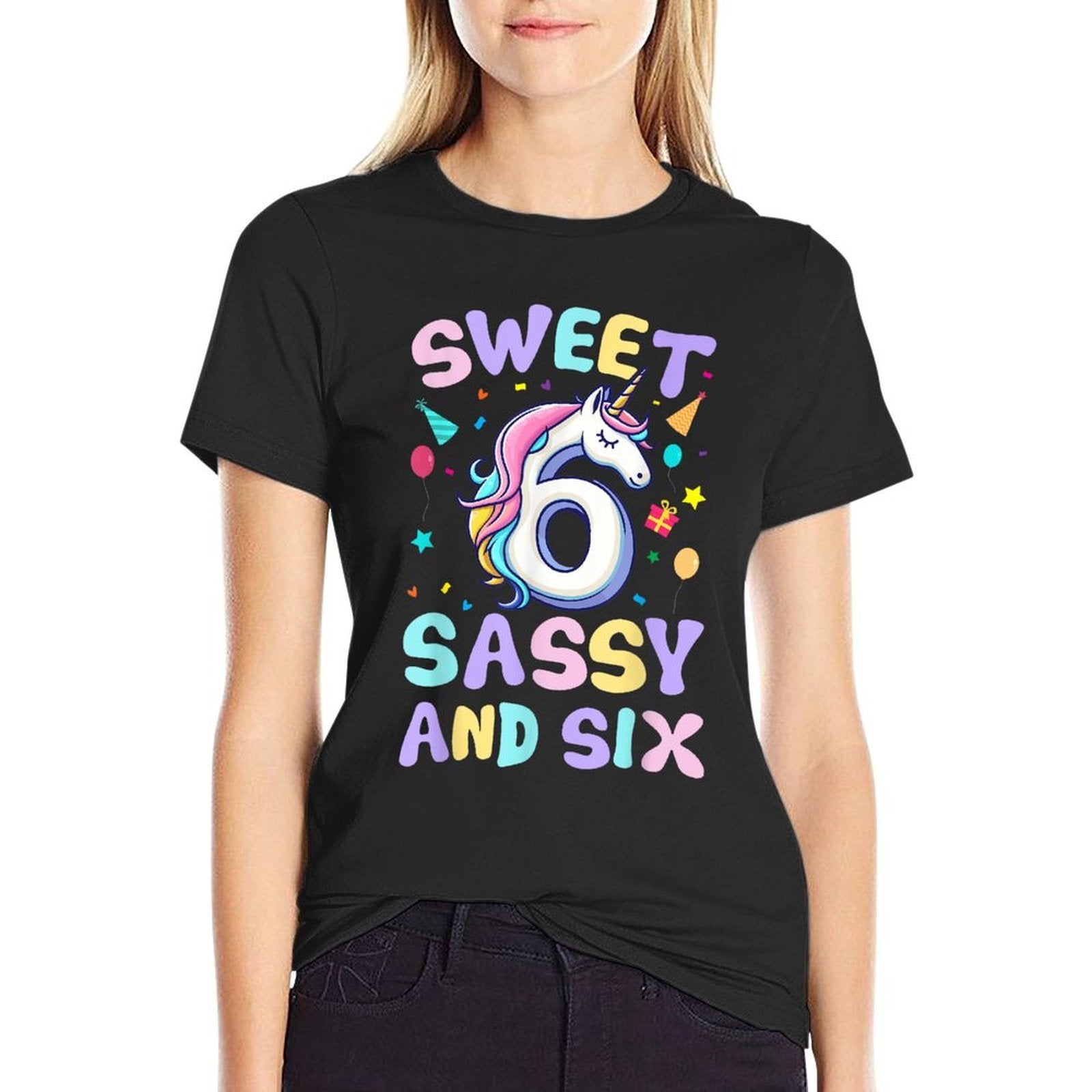 Sweet Sassy And Six Unicorn 6th Birthday Party Funny Girls  Stretchy T-Shirt