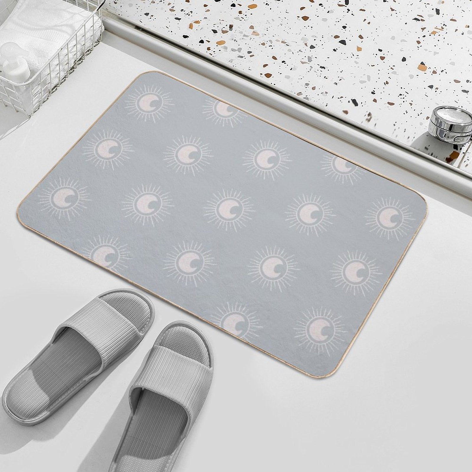 Boho Sun And Moon Pattern Bohemian Aesthetic In Muted Colors Muted Teal  Absorbent Bath Mat
