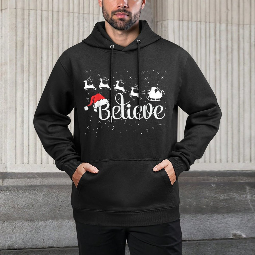 Christmas Believe in Santa with Sleigh Reindeer  Santa Hat Cotton-Polyester Blend Hoodie