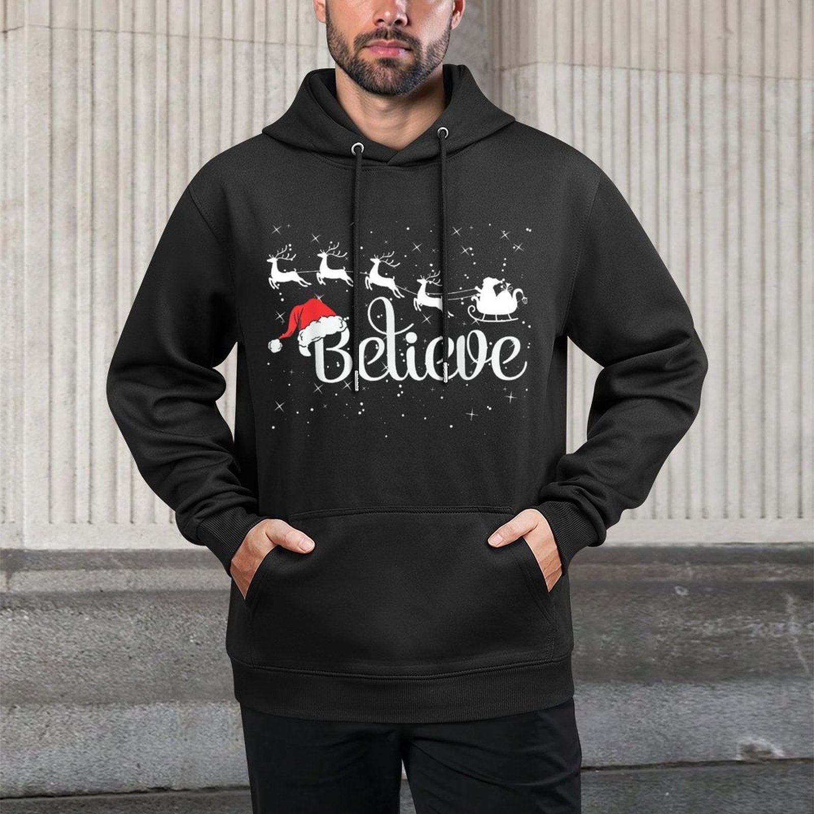 Christmas Believe in Santa with Sleigh Reindeer  Santa Hat Cotton-Polyester Blend Hoodie