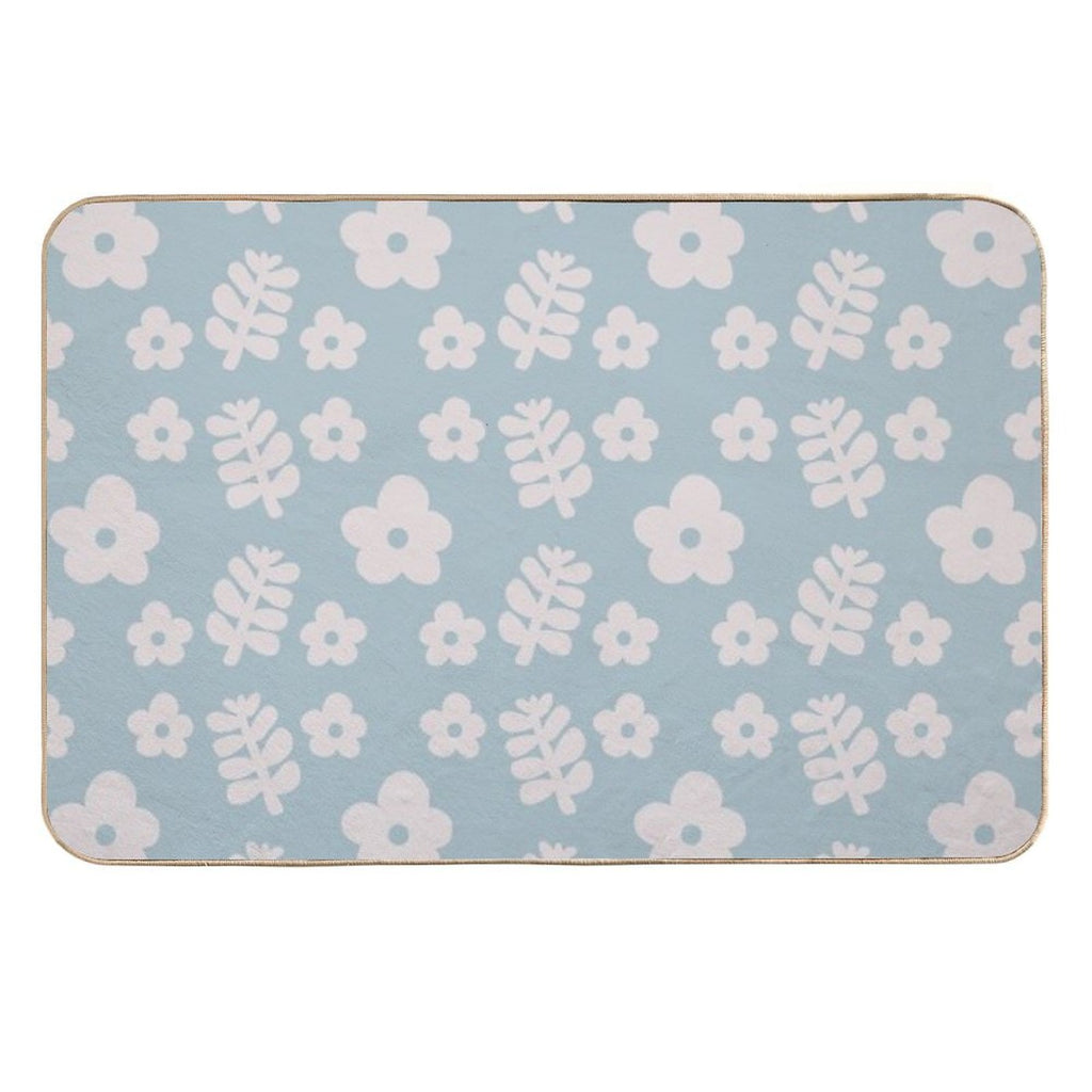 Mid Century Modern Flowers & Leaves, Cute Retro Pattern, Sky Blue  Dirt-Trapping Bath Mat
