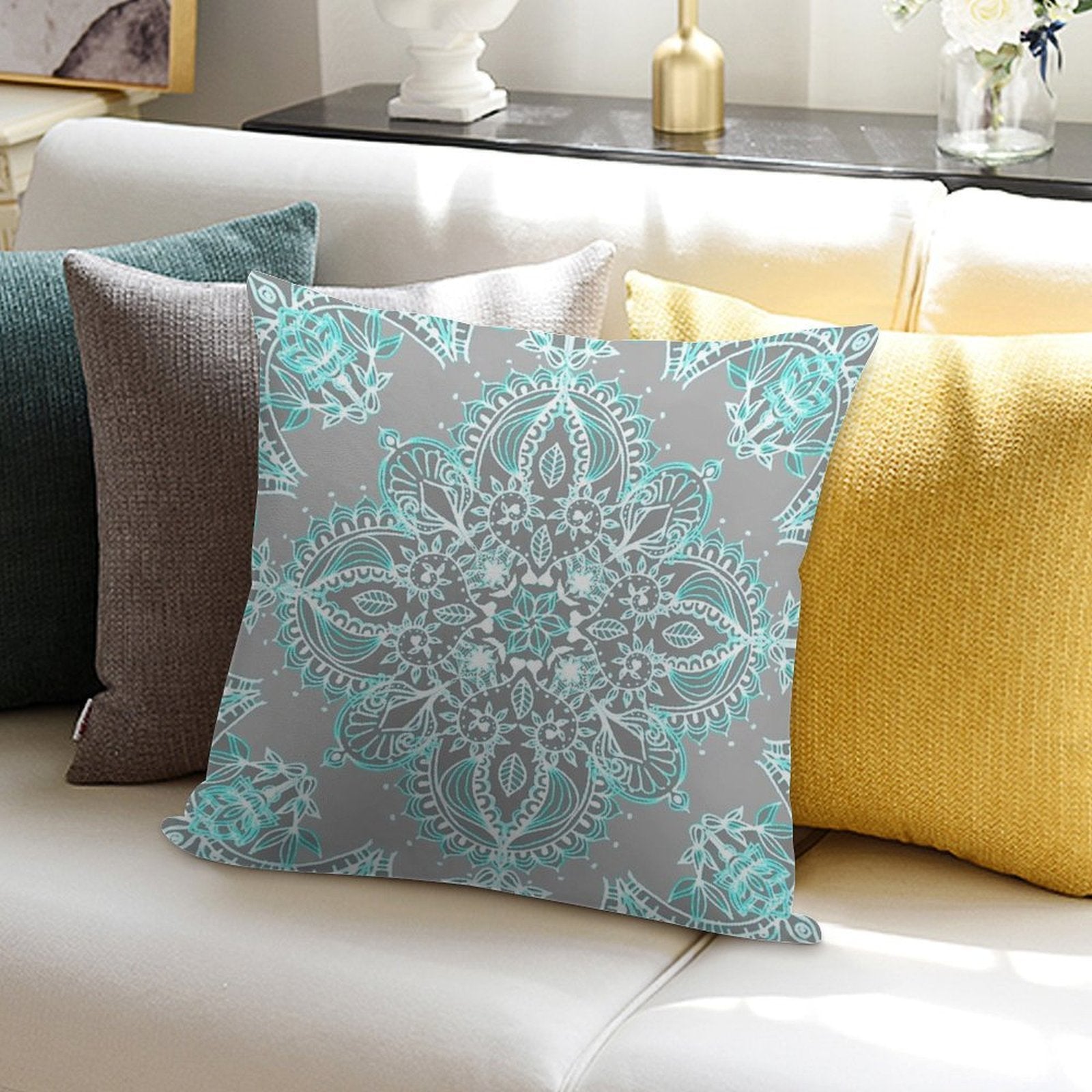 Teal And Aqua Lace Mandala on Grey Soft Skin-Friendly Throw Pillow