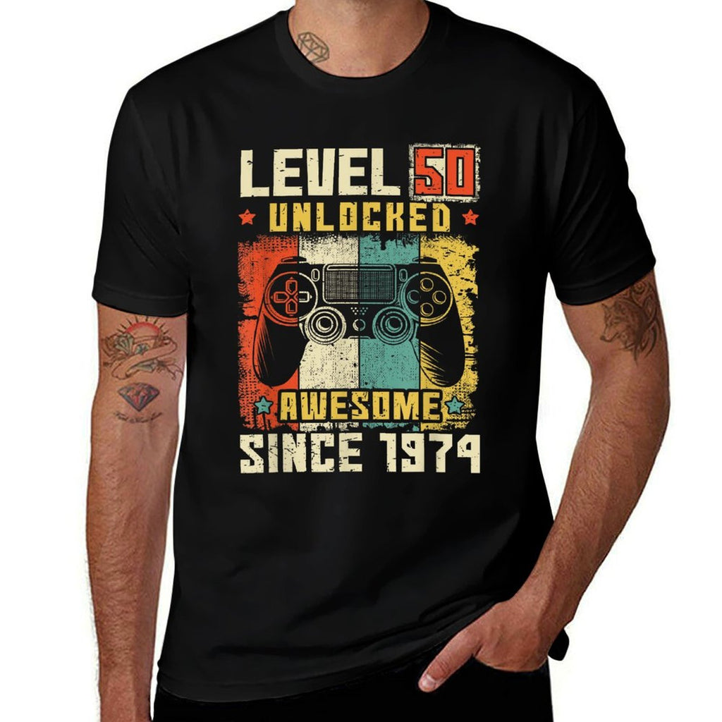 50 Birthday Decorations Gamer Men Video 1974 50th Birthday  Rolled Sleeves T-Shirt