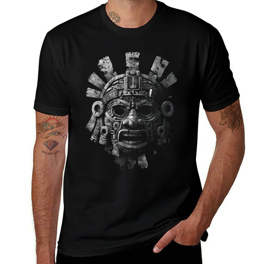 Aztec God Aztec Culture Mayan Indigenous Tlaloc Statue  Ribbed Collar T-Shirt