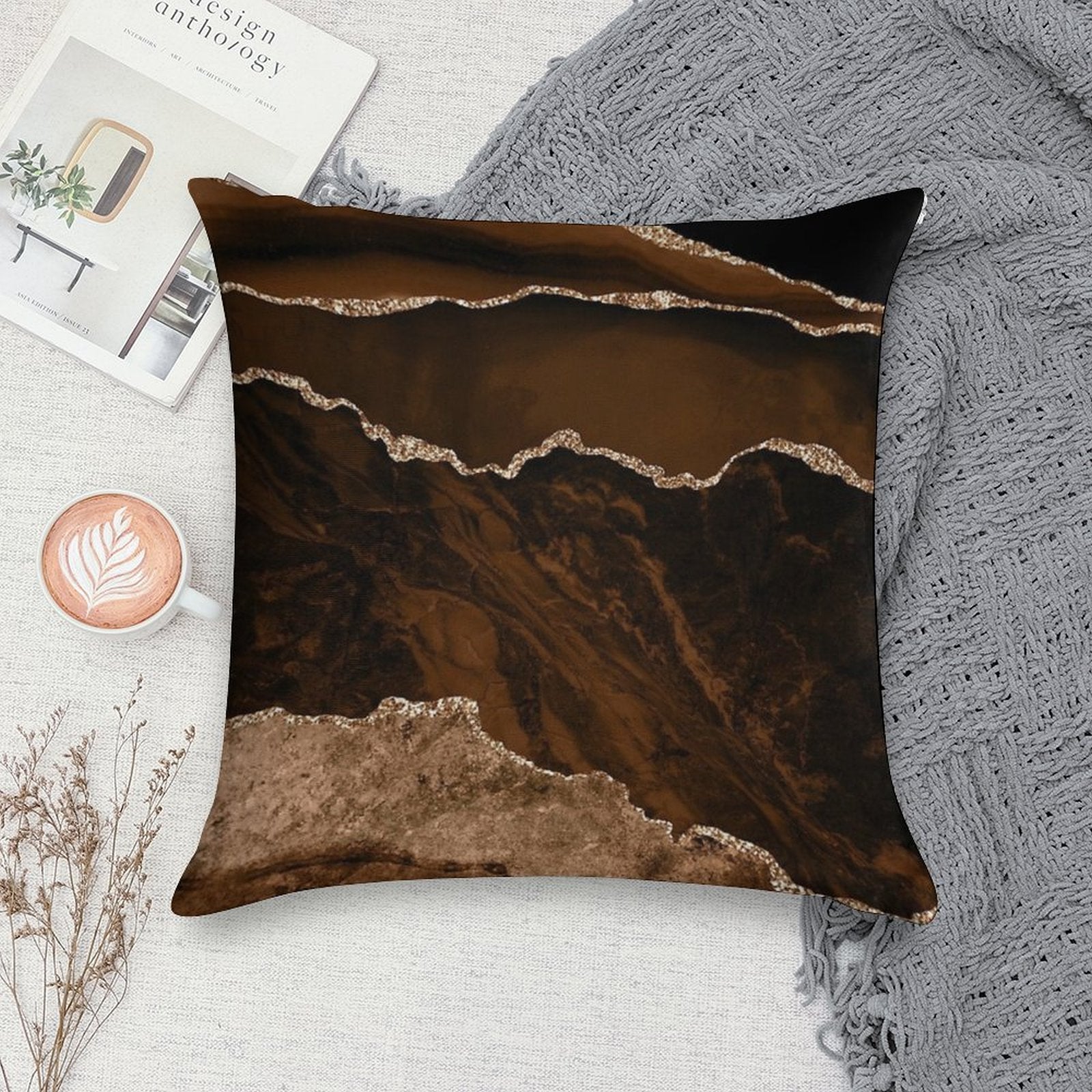 Abstract Brown & Gold Modern Geode Agate Design Soft Shrink-Resistant Throw Pillow