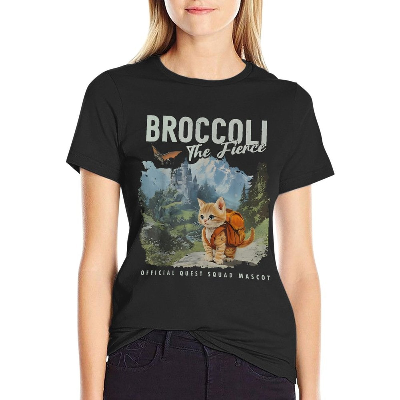 Quest Squad Broccoli Cat Funny Broccoli The Fierce  Fade-proof Color T-Shirt