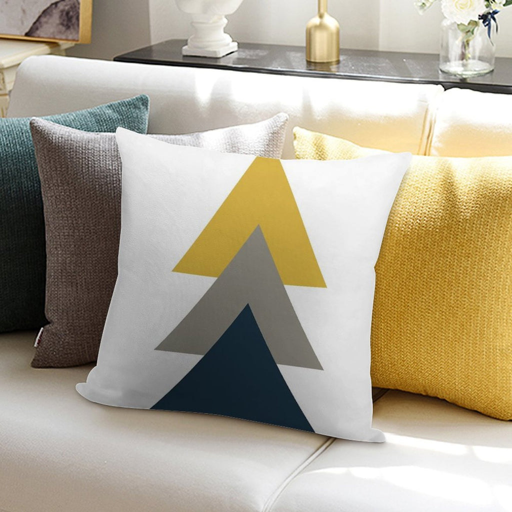 Triangle Trio. Minimalist Geometric in Light Mustard Yellow, White, Grey, And Navy Blue Soft Shrink-Resistant Throw Pillow