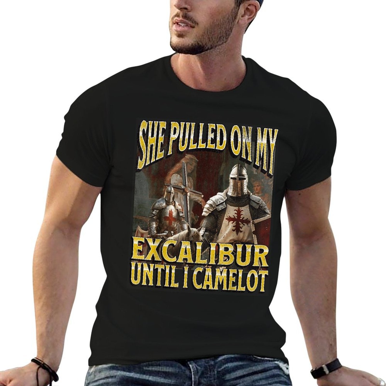 Pulled On My Excalibur Funny Offensive Knight Meme Bootleg  Oversized Silhouette T-Shirt