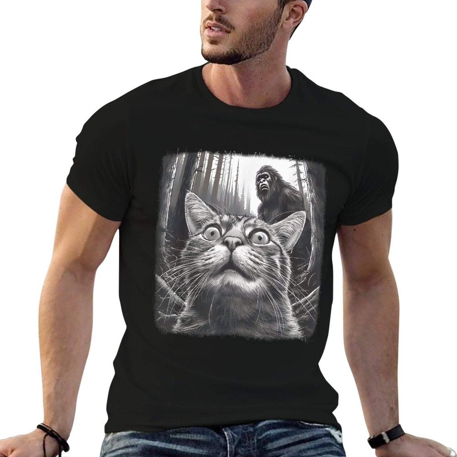 Surprised Scared Cat Selfie With Sasquatsch Bigfoot 0D4ERF  Durable T-Shirt