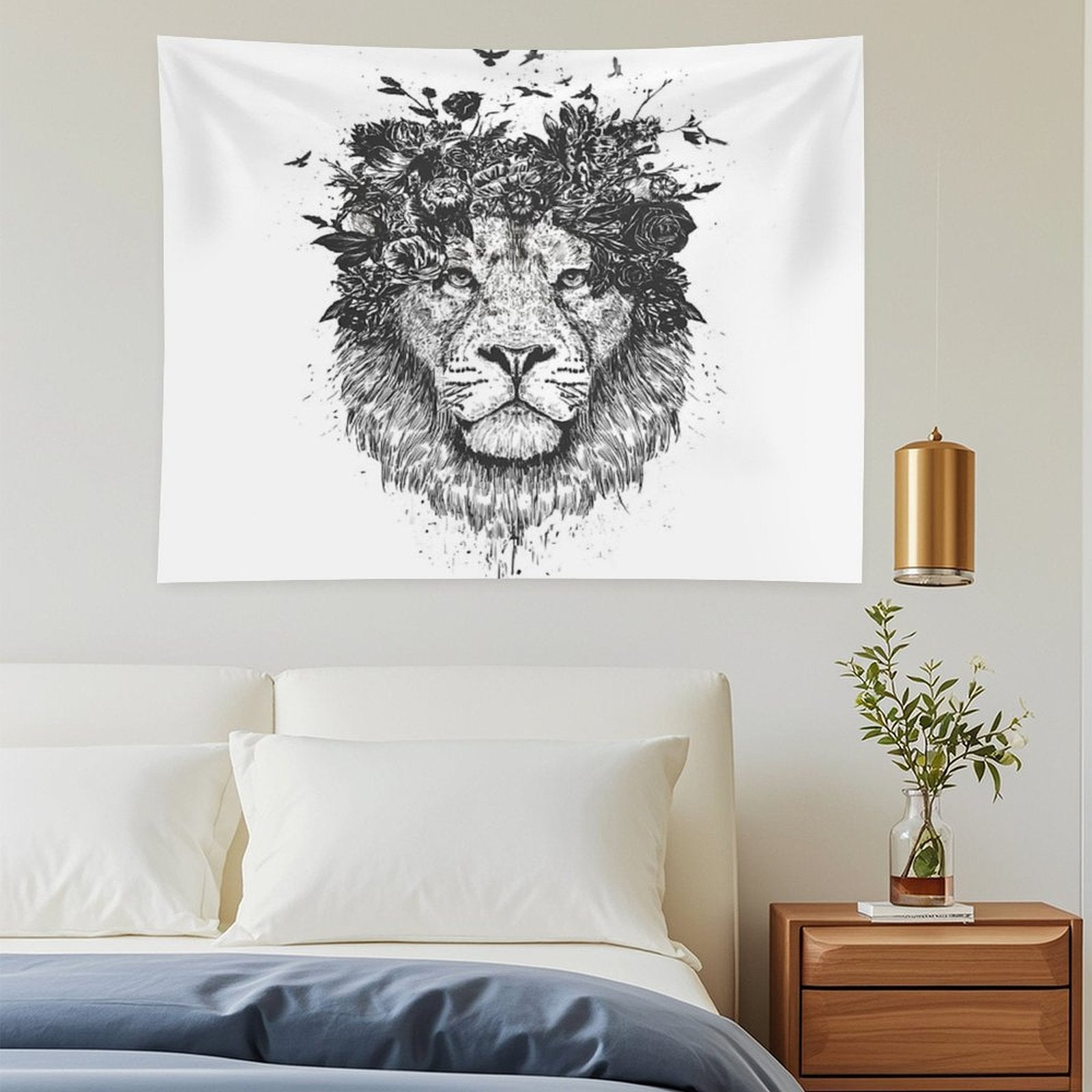 Floral Lion (bw) Tapestry