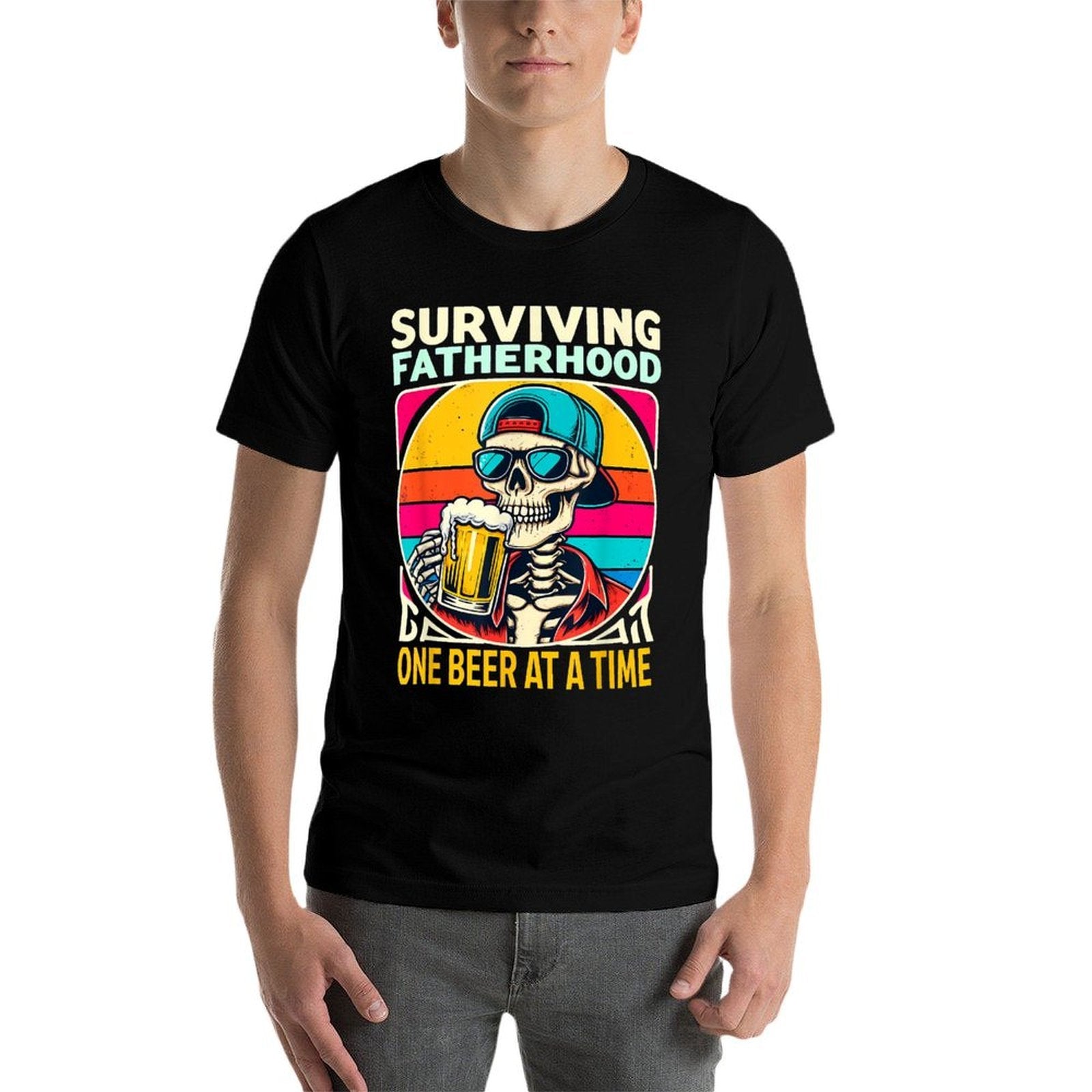 Surviving Fatherhood One Beer At A Time Skeleton Drinking  Oversized Silhouette T-Shirt