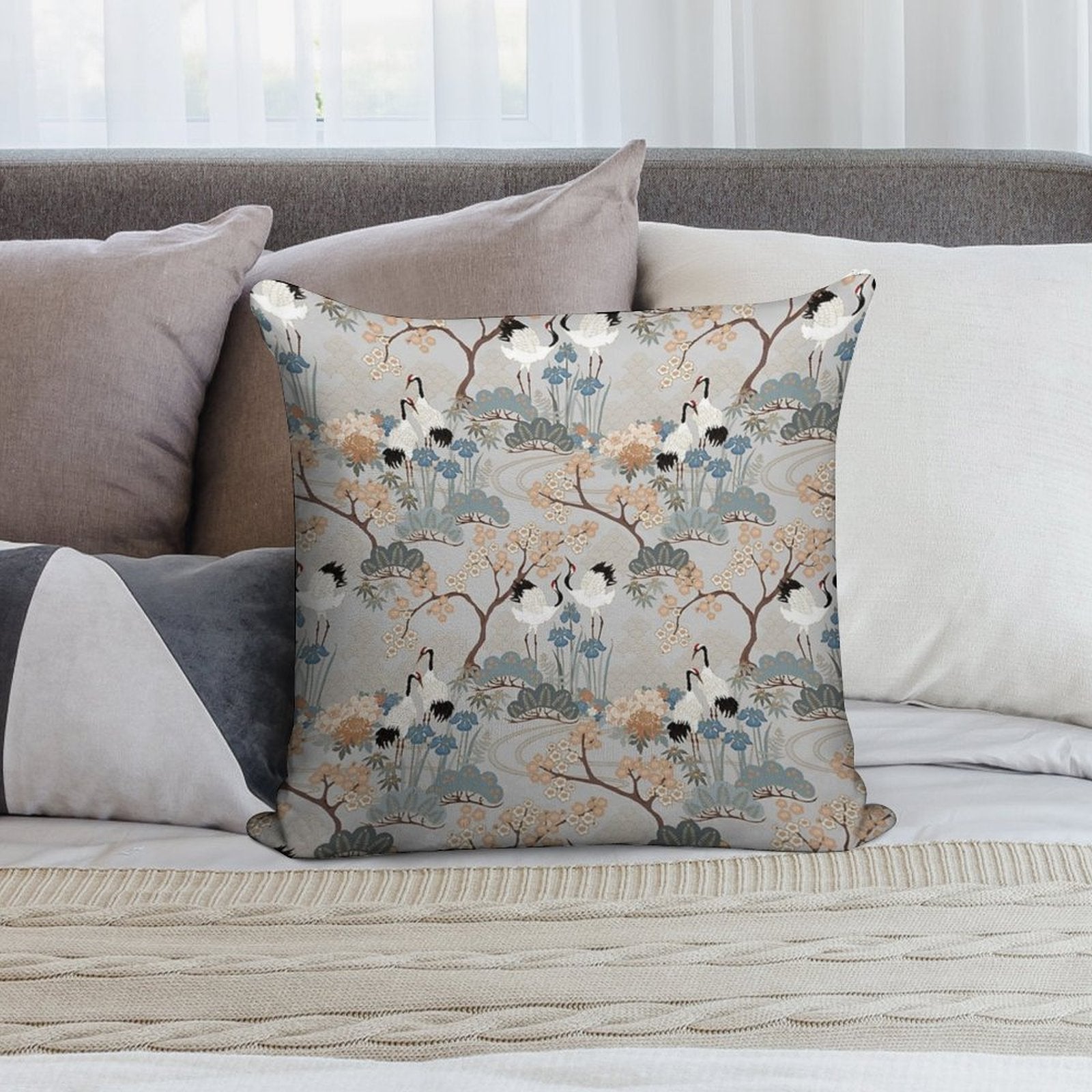 Japanese Garden Gray Soft Short Plush Fabric Throw Pillow