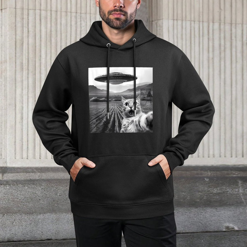 Funny Area 51 UFO Cat Selfie with Alien Cat UFOs Meme Weird Machine Washable Hoodie