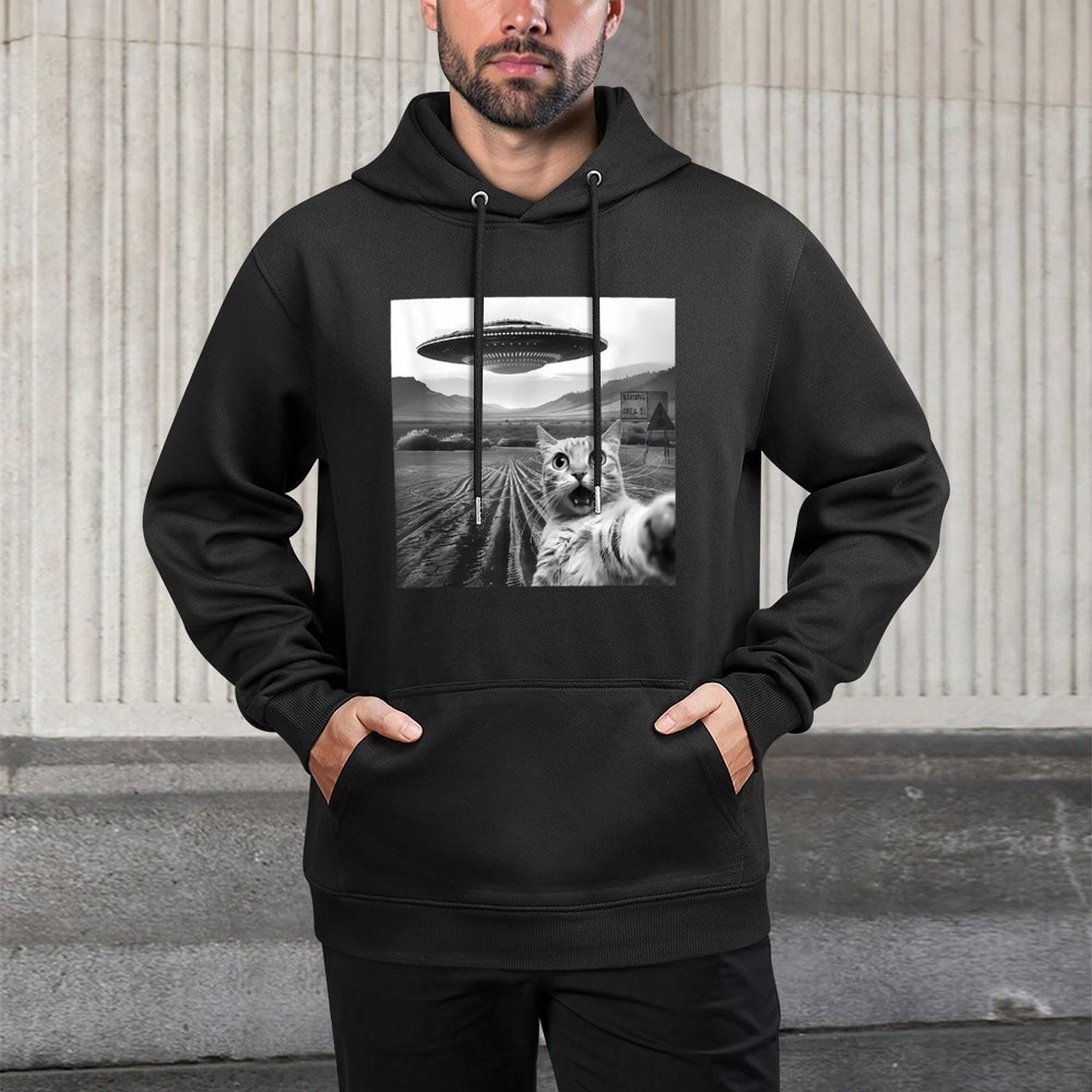 Funny Area 51 UFO Cat Selfie with Alien Cat UFOs Meme Weird Machine Washable Hoodie