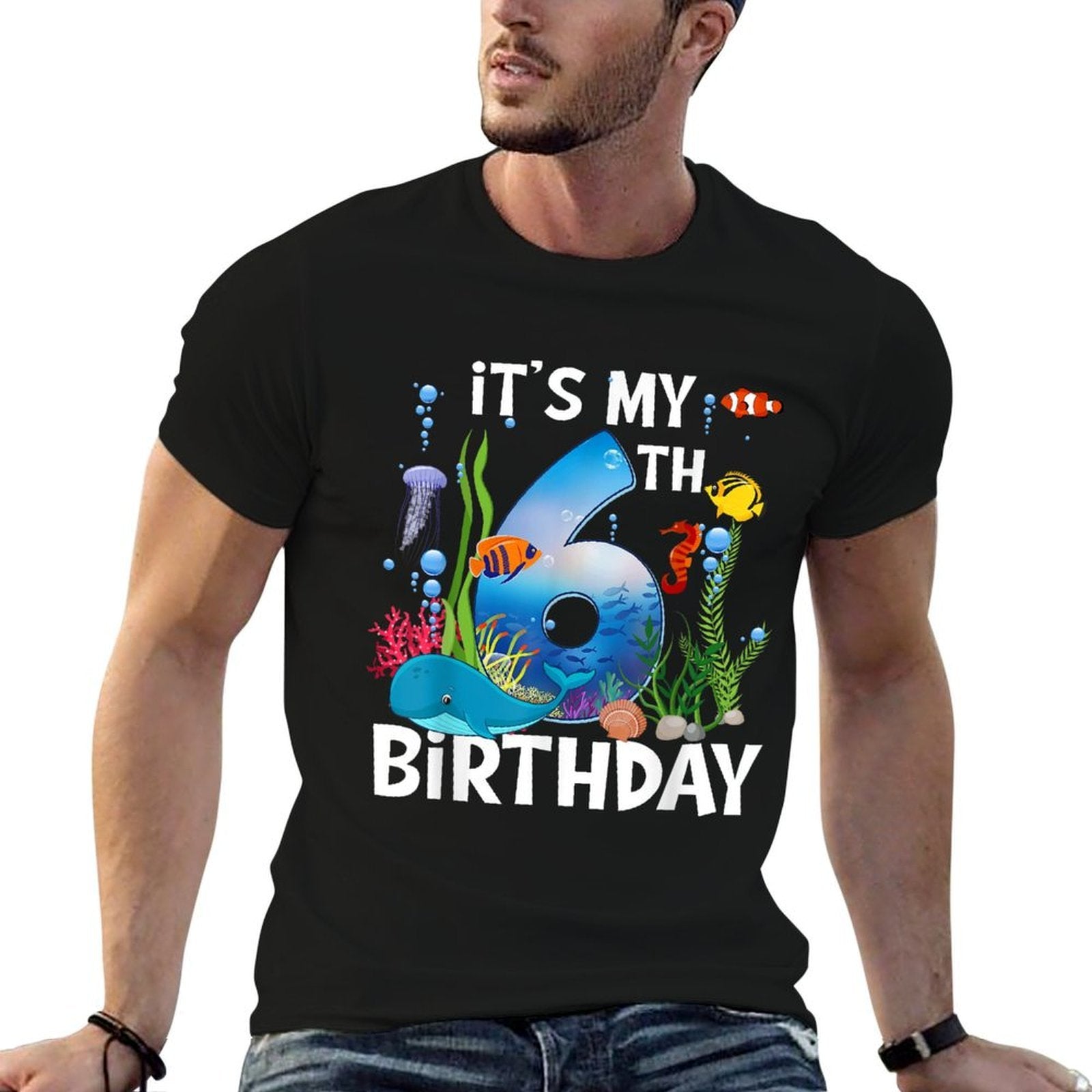 Kids 6 Year Old Ocean Life Whale Dolphin Shark 6th Birthday  Trendy Pattern T-Shirt