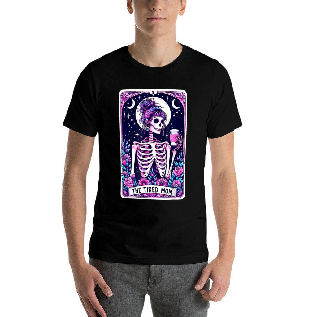 The Tired Mom Tarot Card Skeleton Mothers Day Skull Coffee  Oversized Silhouette T-Shirt