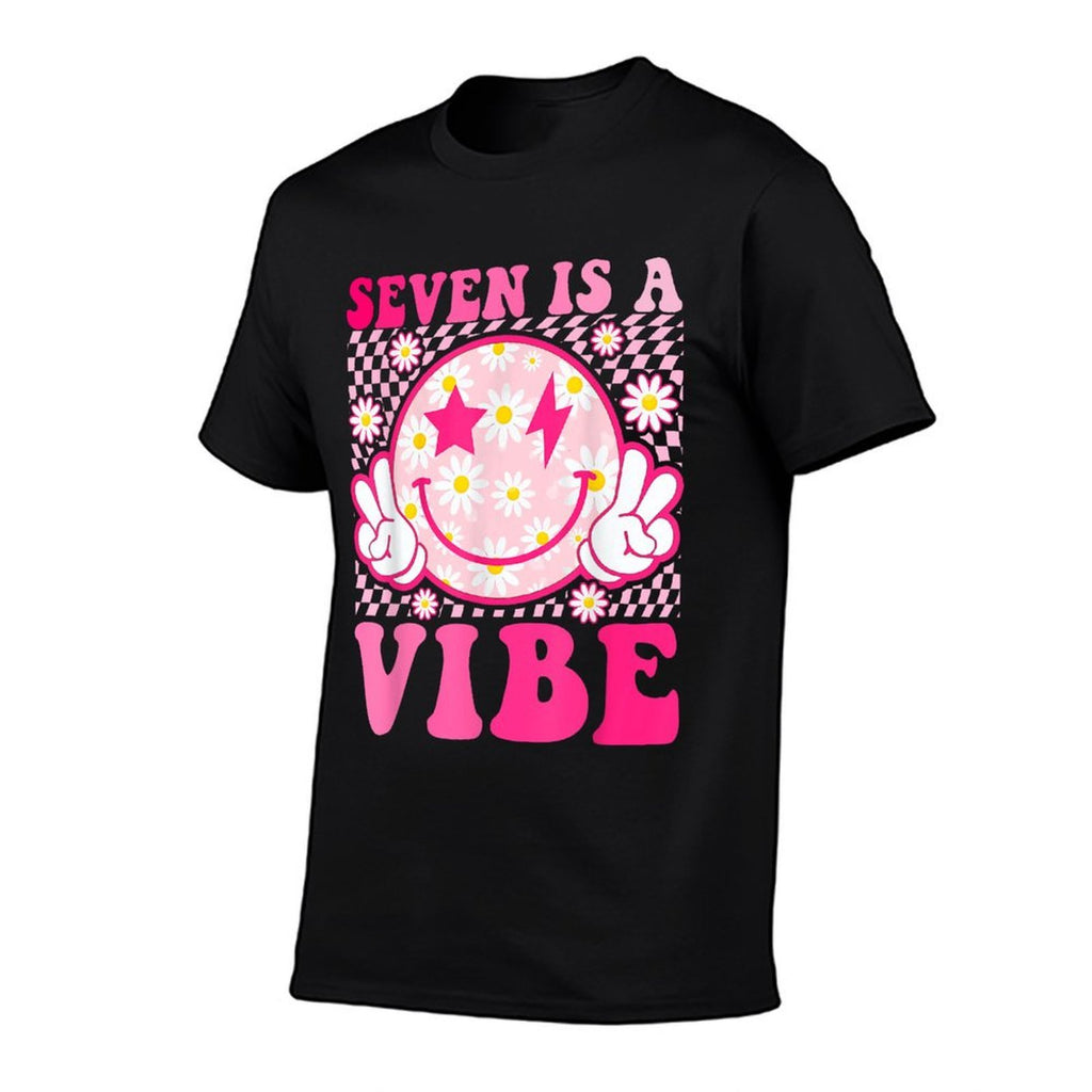 Seven Is A Vibe 7th Birthday Groovy 7 Years Old Smile Face  Summer-ready Fabric T-Shirt