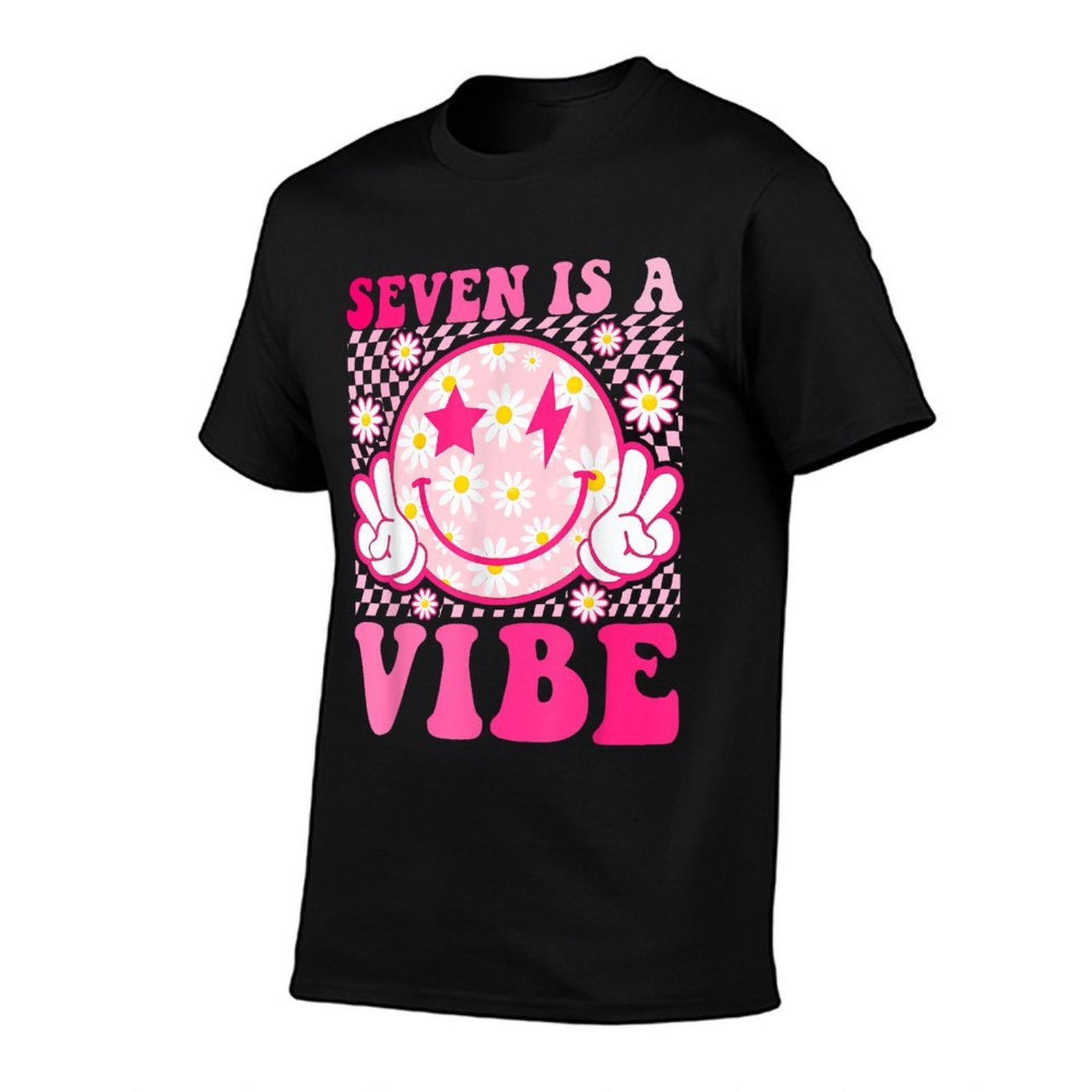 Seven Is A Vibe 7th Birthday Groovy 7 Years Old Smile Face  Summer-ready Fabric T-Shirt