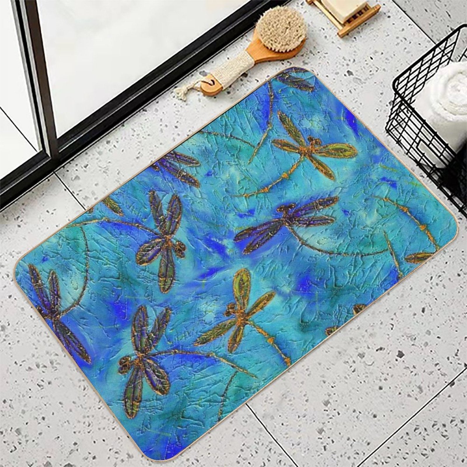 Dragonfly Dance Blue Gold  High-Traffic Bath Mat