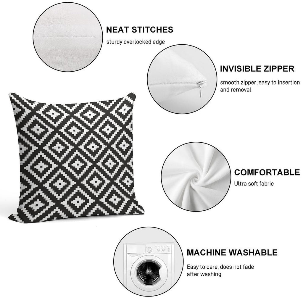 Aztec - White on Black Soft Short Plush Fabric Throw Pillow