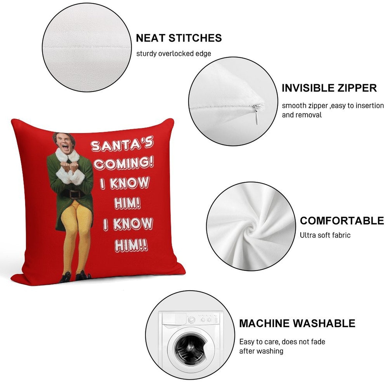 SANTA'S COMING! I KNOW HIM! Elf The Movie Will Ferrell Buddy Christmas Soft Home Decor Throw Pillow