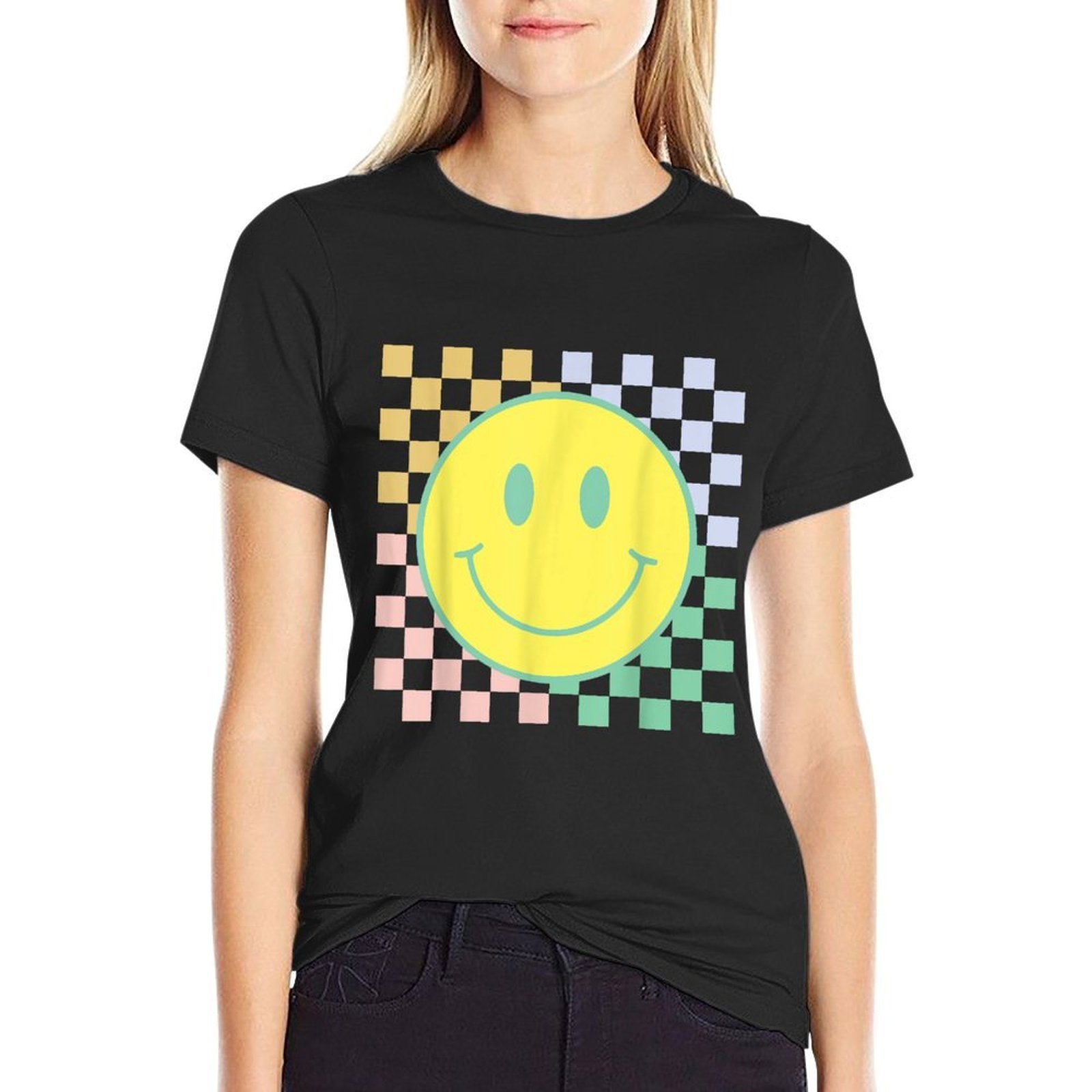 Retro Happy Face Checkered Pattern Smile Face Trendy  Eco-friendly Material T-Shirt
