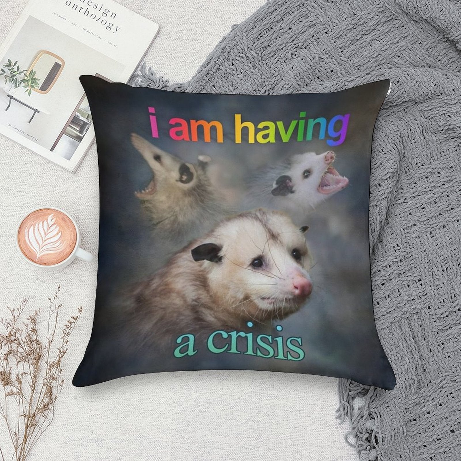 I Am Having A Crisis Possum Word Art Soft Luxury Feel Throw Pillow