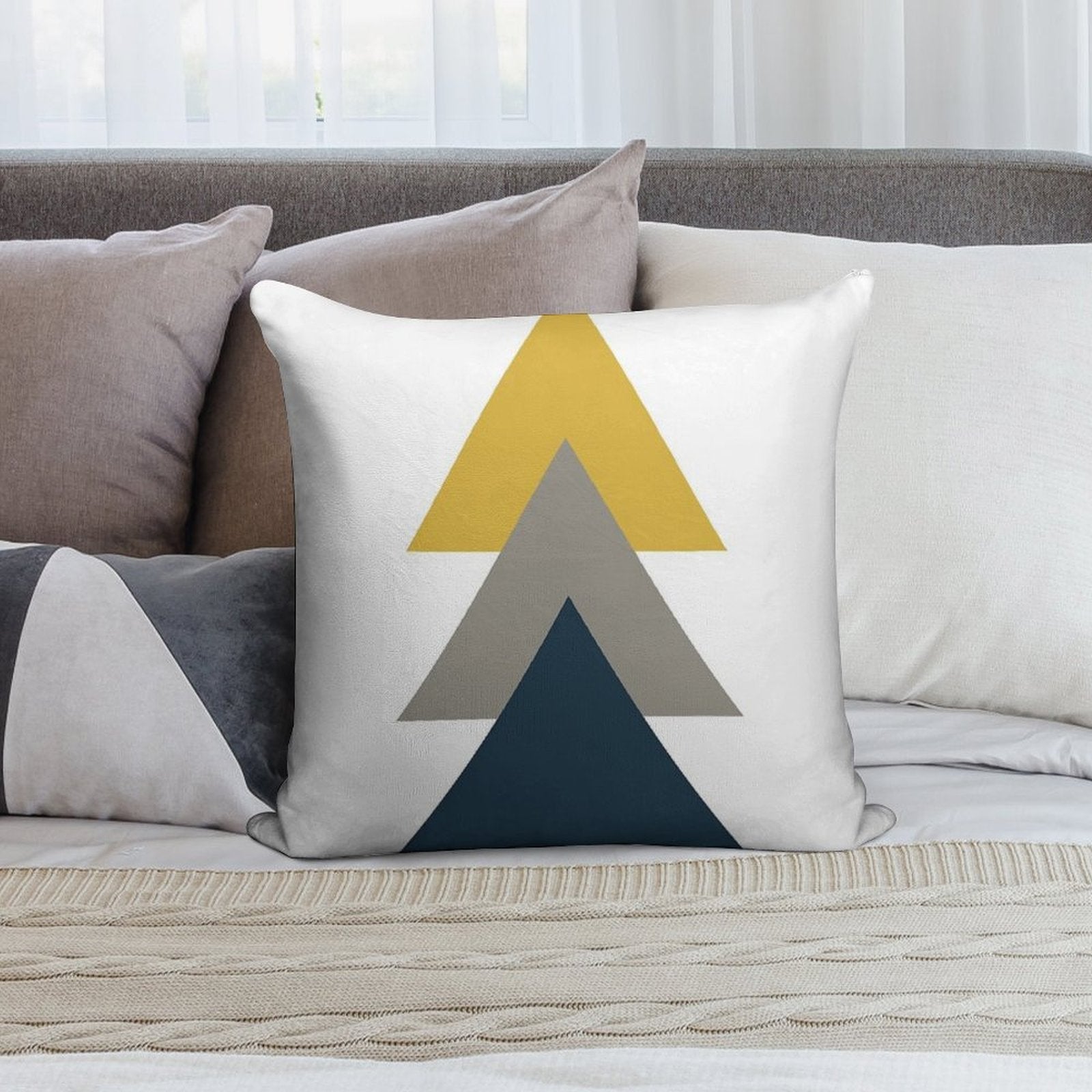Triangle Trio. Minimalist Geometric in Light Mustard Yellow, White, Grey, And Navy Blue Soft Shrink-Resistant Throw Pillow